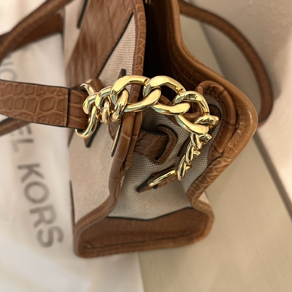 MICHAEL KORS HAMILTON WALNUT BROWN CROC LEATHER CENTER STRIPE SATCHEL - Picture 7 of 11